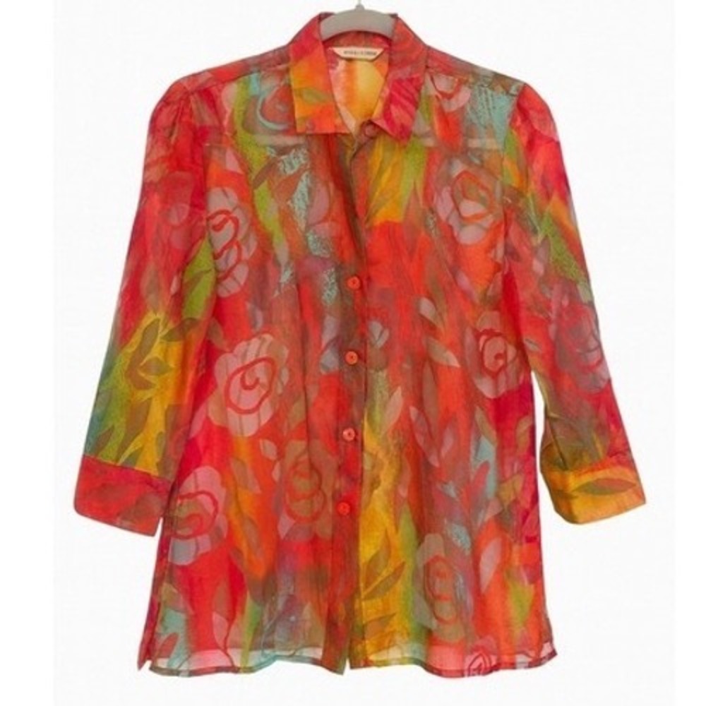 Erin London Sheer Neon Floral Blouse Small Gallery Girl Dopamine Boho Layering